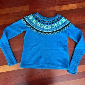Skhoop Blue Women's Nordic Fair Isle Sweater Sz Small Fitted Wool Blend